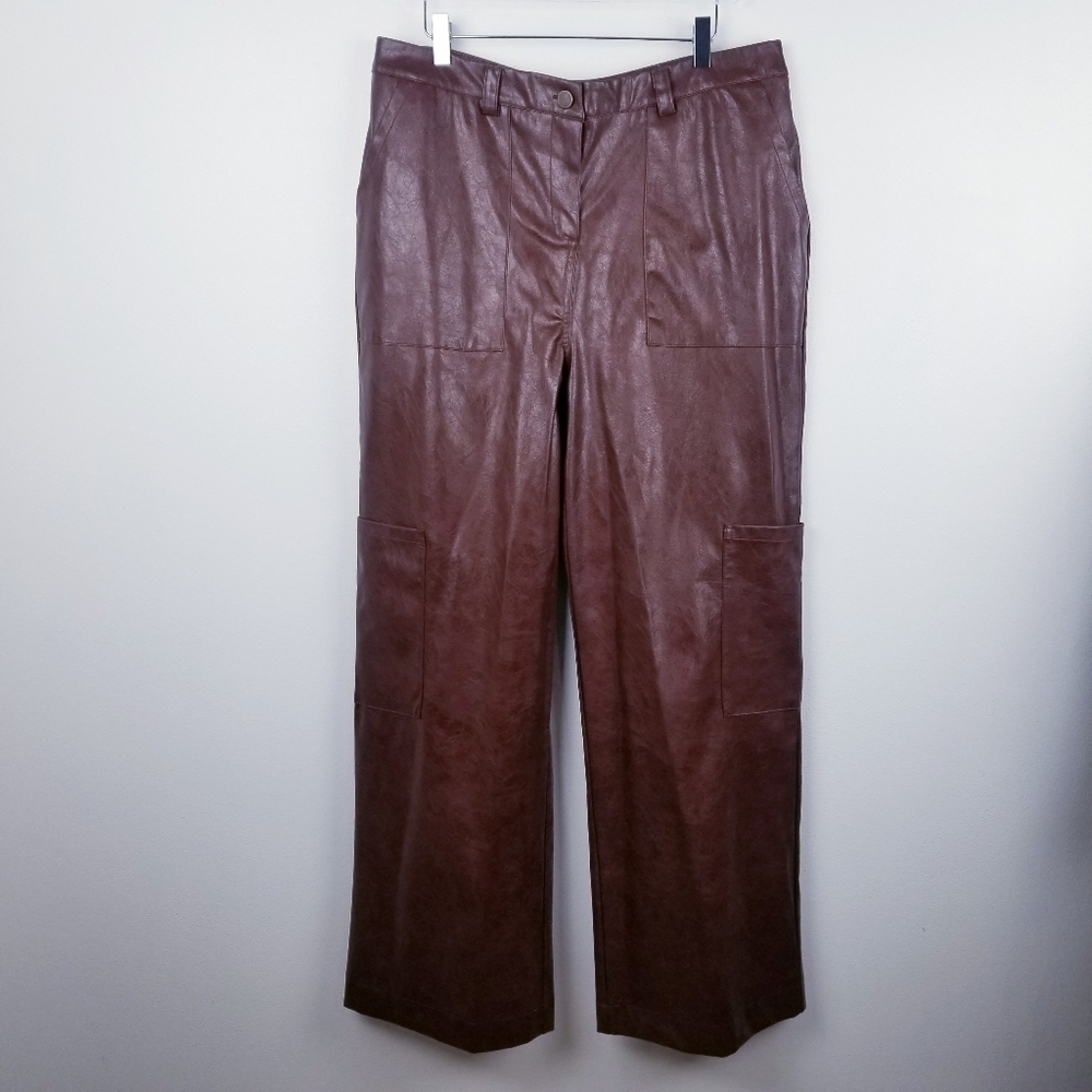 FTF Fashion To Figure Brown Faux Leather High-Rise Wide Leg Cargo Pants